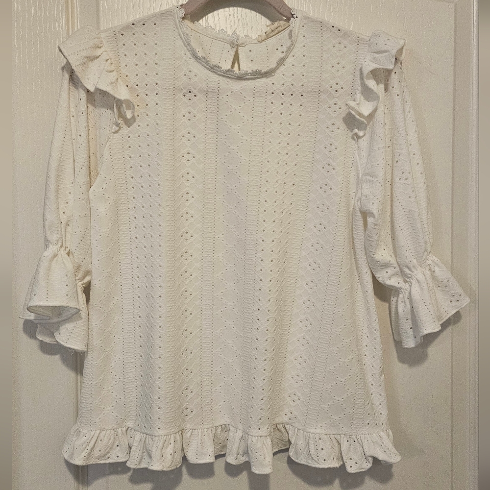 Blue Tassel, White Eyelet Blouse